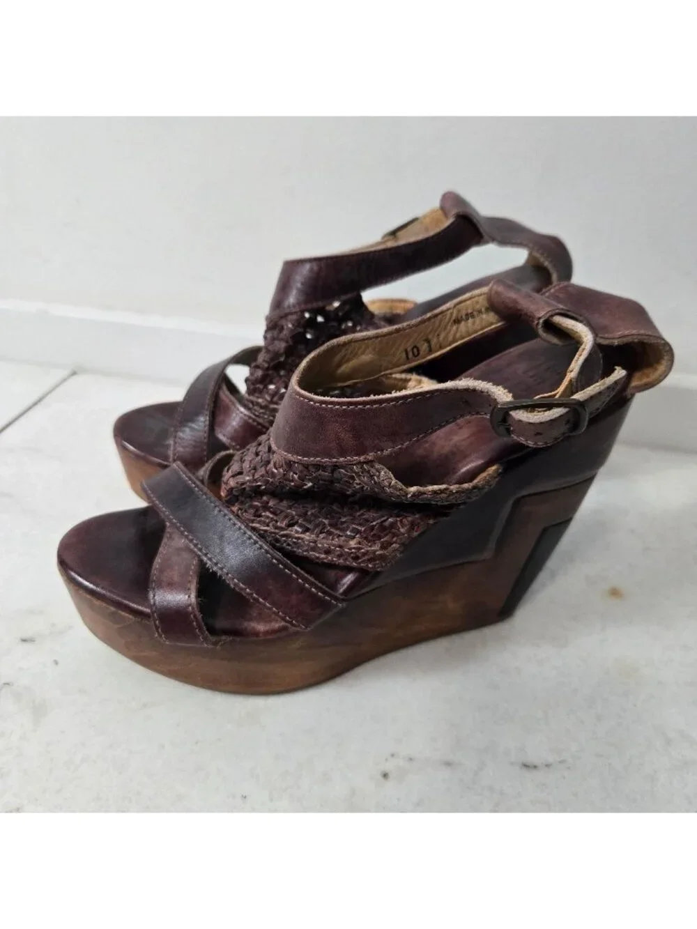Bed Stu Size 10 Petra Handwoven Leather Wood Platform Wedge Sandals